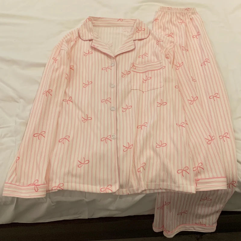 KAELAH Pink Bow Tie Design Pajamas for Women Long Sleeve Top & Elastic