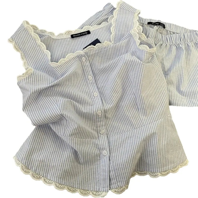 KAELAH Striped Women Pajamas Summer Sleepwear Sleeveless Shorts Sets 2 Pieces Lace