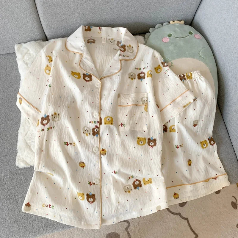 KAELAH Embroidery Dog Sweet Fashion Cute Pajamas Set for Women Plaid Lapel