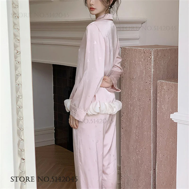 KAELAH Set French Style Ruffled Ice Silk Trouser Pijamas Suit Loungewear