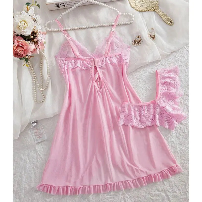 KAELAH Set Pink Cute Sweet Nightdress And Panty Pijamas Suit Sleeveless Halter