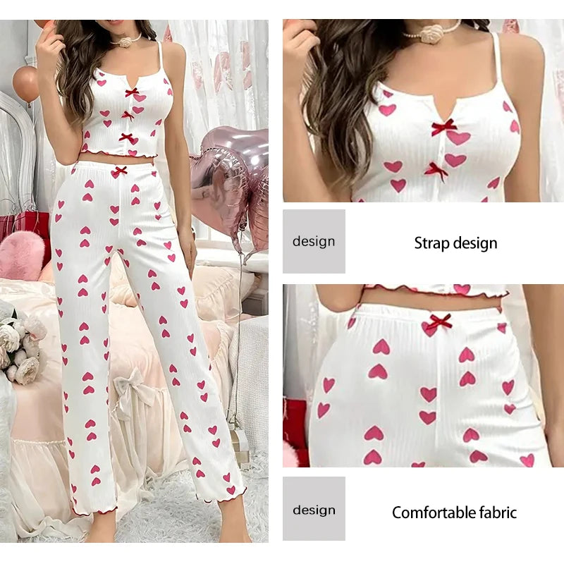 KAELAH Sexy Two-Piece Pajama Set Printed Lace Patchwork V-Neck