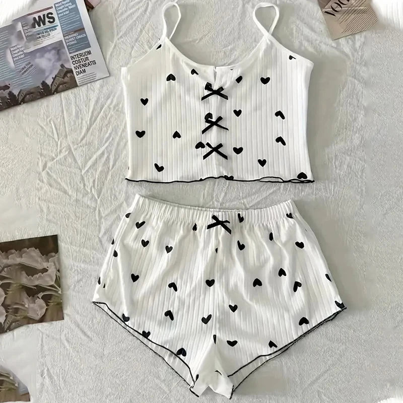 KAELAH Suspender Pajamas with Heart-Shaped Print Two-Piece Set Summer Comfortable