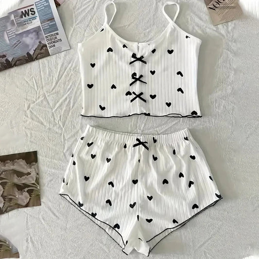 KAELAH Suspender Pajamas with Heart-Shaped Print Two-Piece Set Summer Comfortable