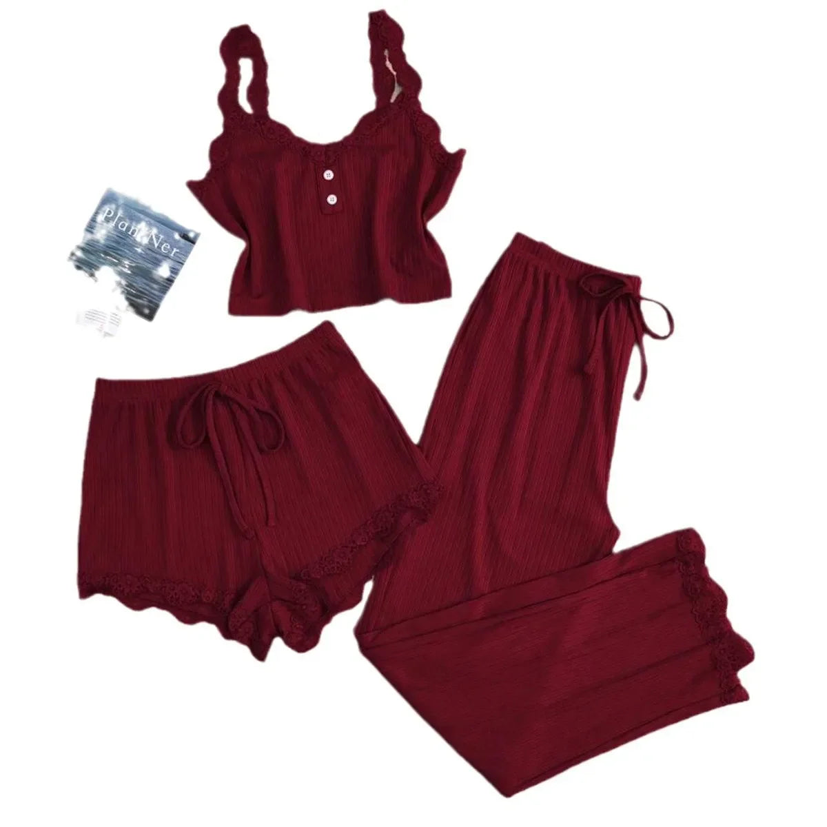 KAELAH Lace Trim Three-Piece Set Slim Fit Home Clothes Nightgown