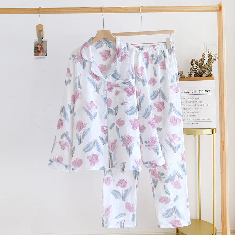 KAELAH Sweet Fury and Autumn Women's Pajama Set Cotton Crepe Long