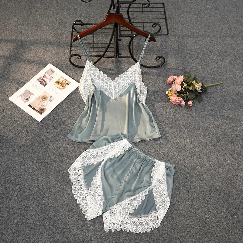KAELAH Lisacmvpnel Sexy Patchwork Lace Women Shorts Pajama Set