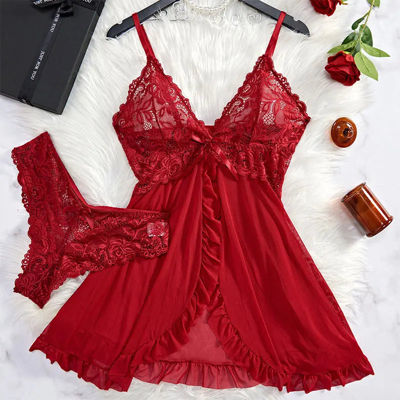 KAELAH Set Pink Cute Sweet Nightdress And Panty Pijamas Suit Sleeveless Halter