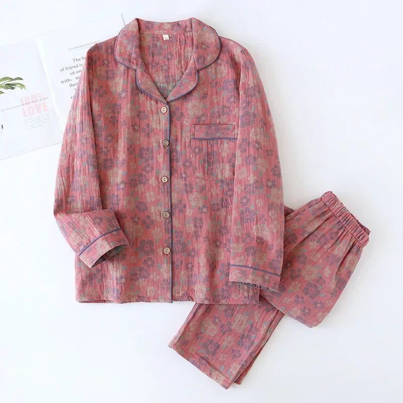 KAELAH new spring and summer women's pajamas suit long-sleeved trousers two-piece crepe flower