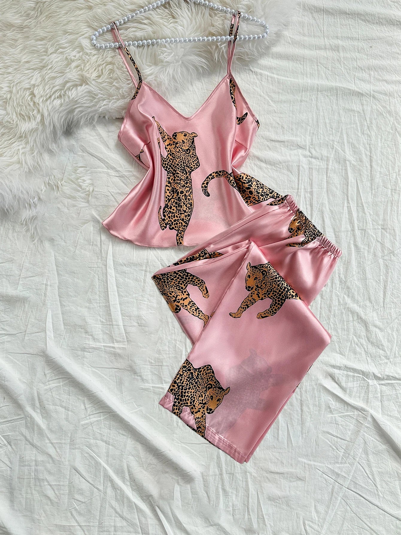 KAELAH Elegant V Neck Leopard Print Suspender Long Pants Pajama Set