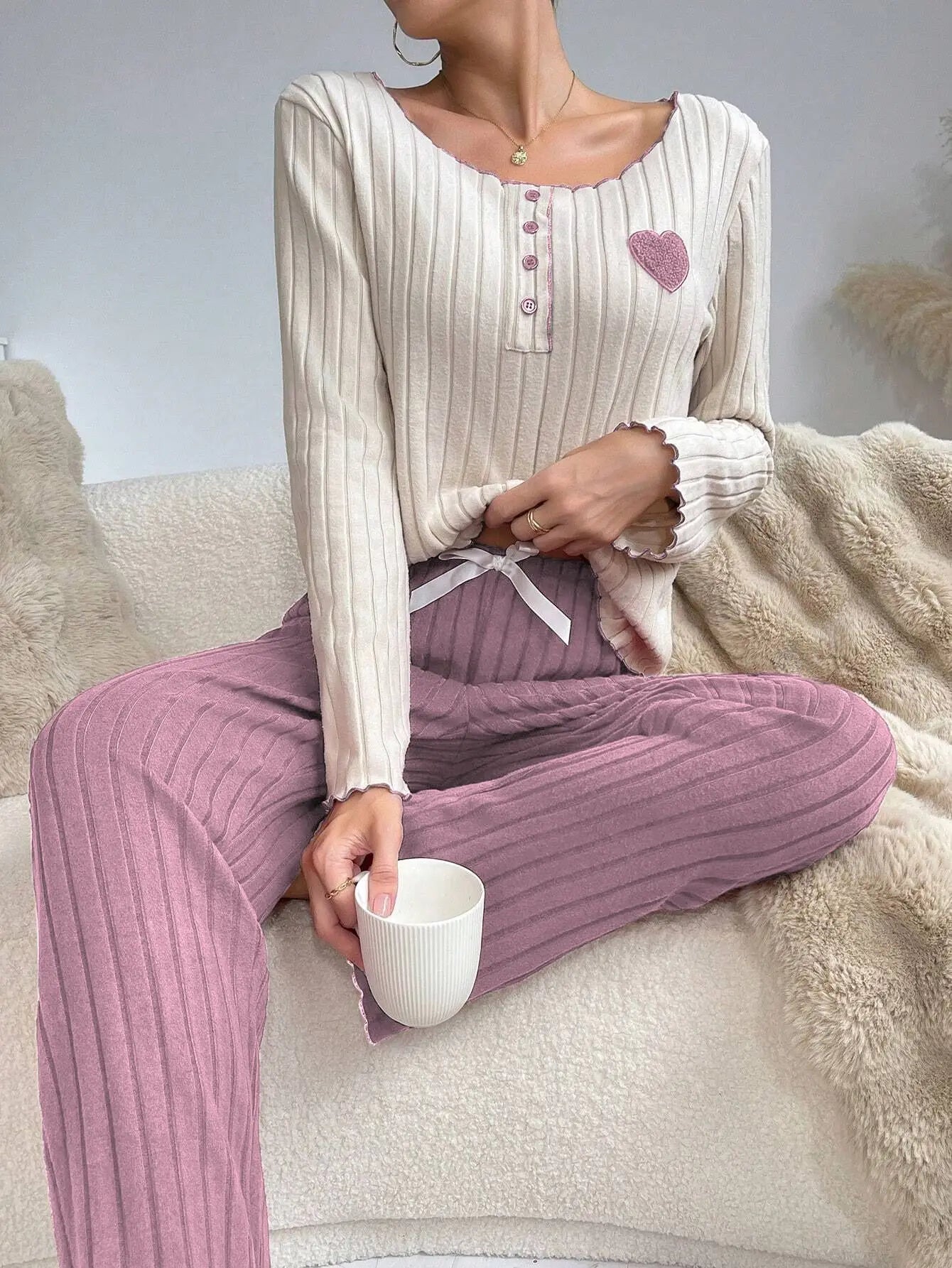 KAELAH Top Heart Print Sleepwear Casual Long Sleeve Set Homewear