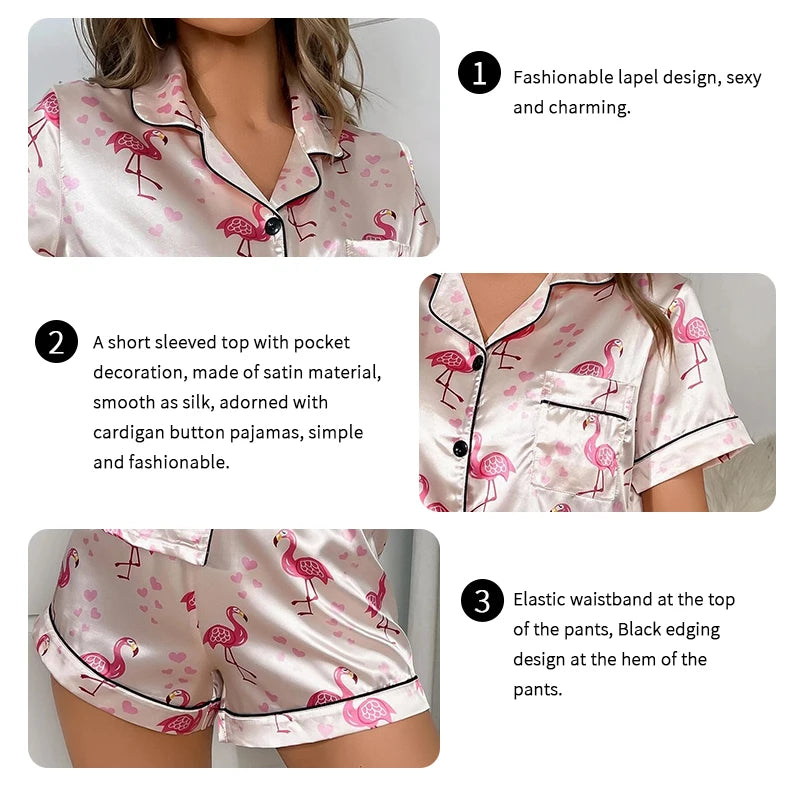 KAELAH Flamingo Print Pajama Set Short Sleeve Button Up Top and Elastic