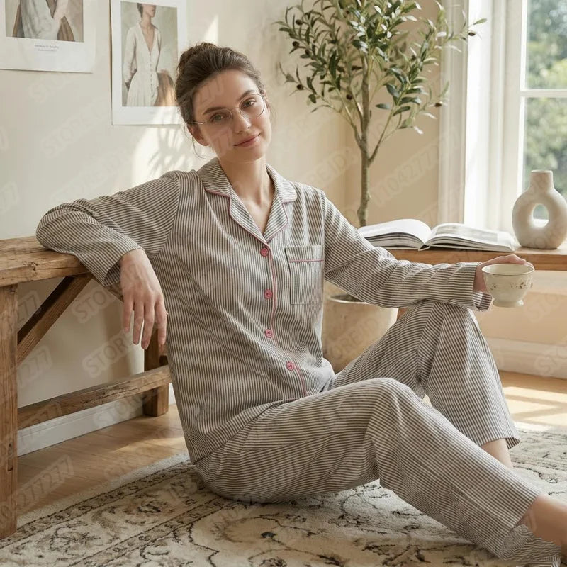 KAELAH 2PCS/Set Women's Long Sleeve Striped Loungewear Set Soft