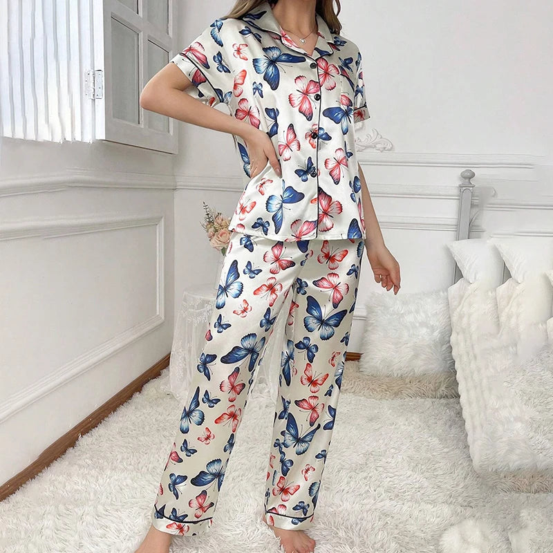 KAELAH Satin Floral Pajama Casual Sleepwear Home Clothes Suit Long Sleeve Button Up