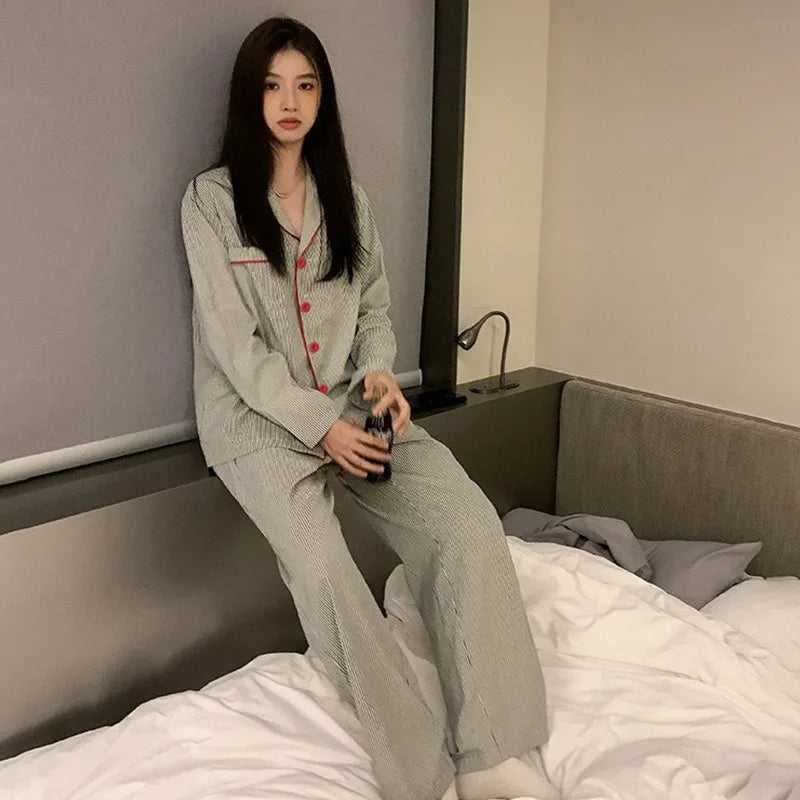 KALEAH  Spring and Summer Long Sleeve Long Pants Two Piece Suit Striped Nightwear