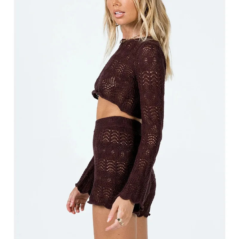 KAELAH Beach Holiday Bohemian Knitted Two Piece Set Pjs Long Sleeve