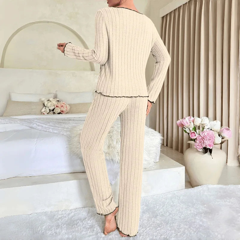 KAELAH Flannel Warm Sleepwear Women Casual Pajamas Set Loungewear