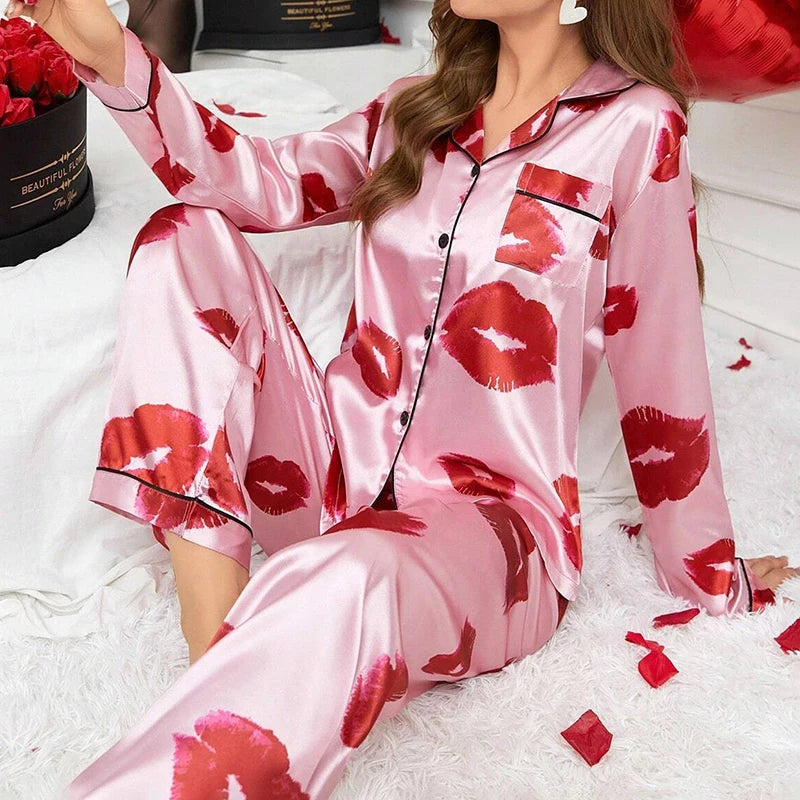 KAELAH Satin Floral Pajama Casual Sleepwear Home Clothes Suit Long Sleeve Button Up