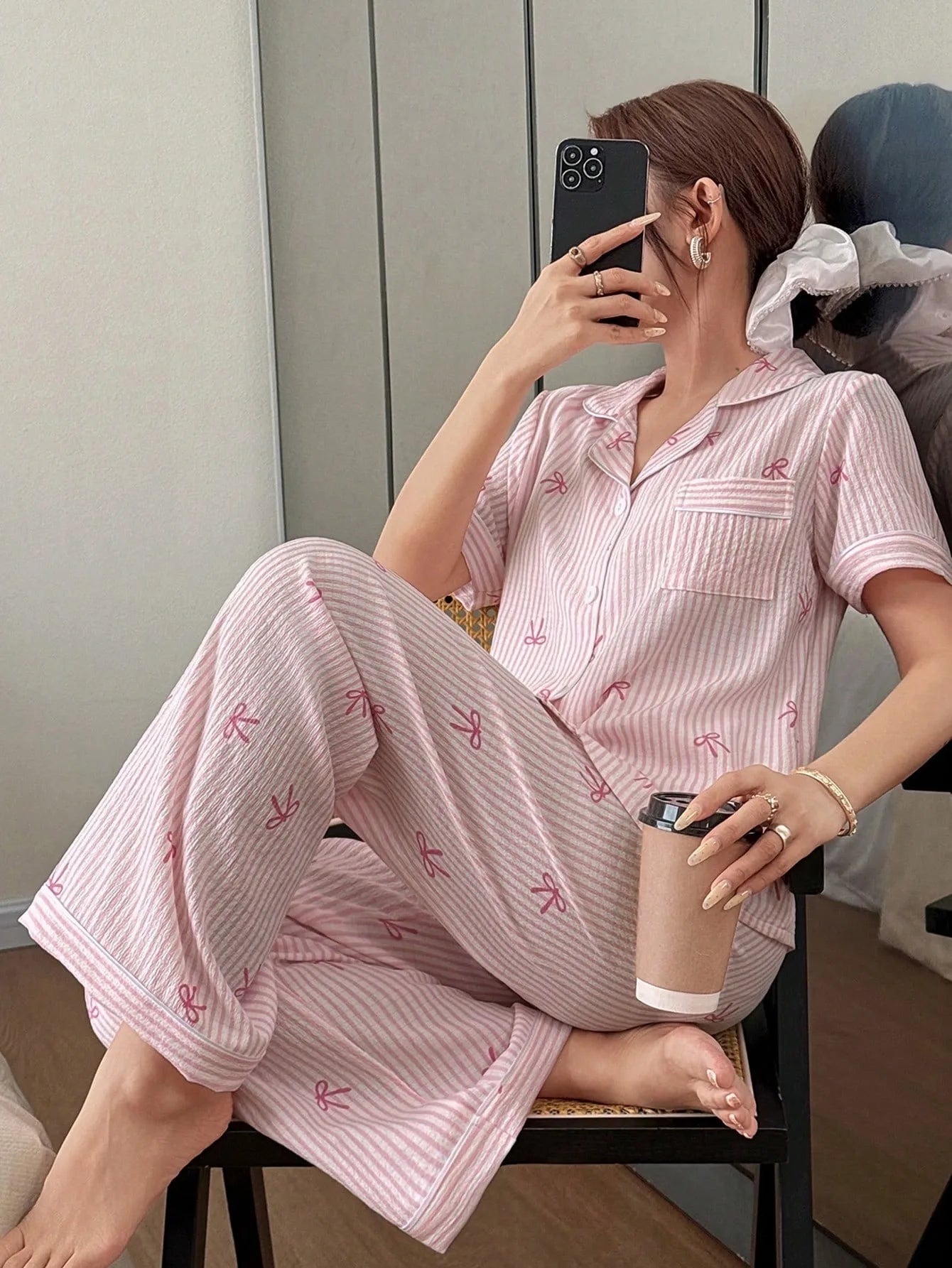 Women Bow Striped Print Pajama Sets Summer Short Sleeve Sleep Tops With Pants Pajamas Sets Comfortable Sleepwear Loungewear