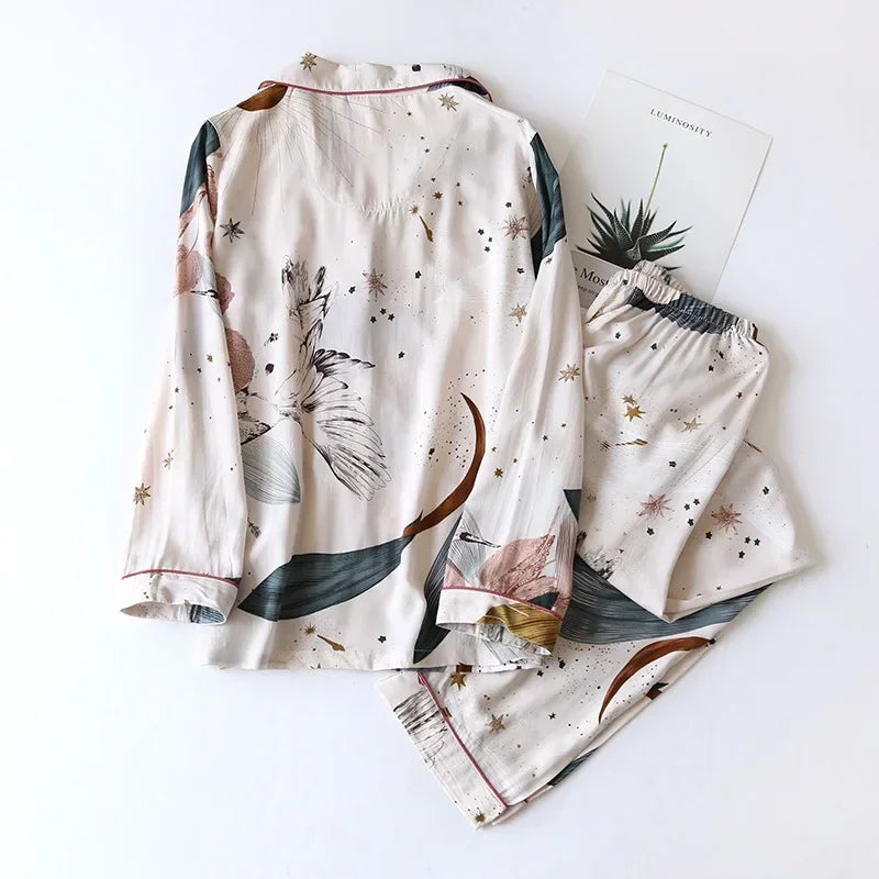 KAELAH cute cartoon floral viscose fiber pajamas two-piece long-sleeved home cotton