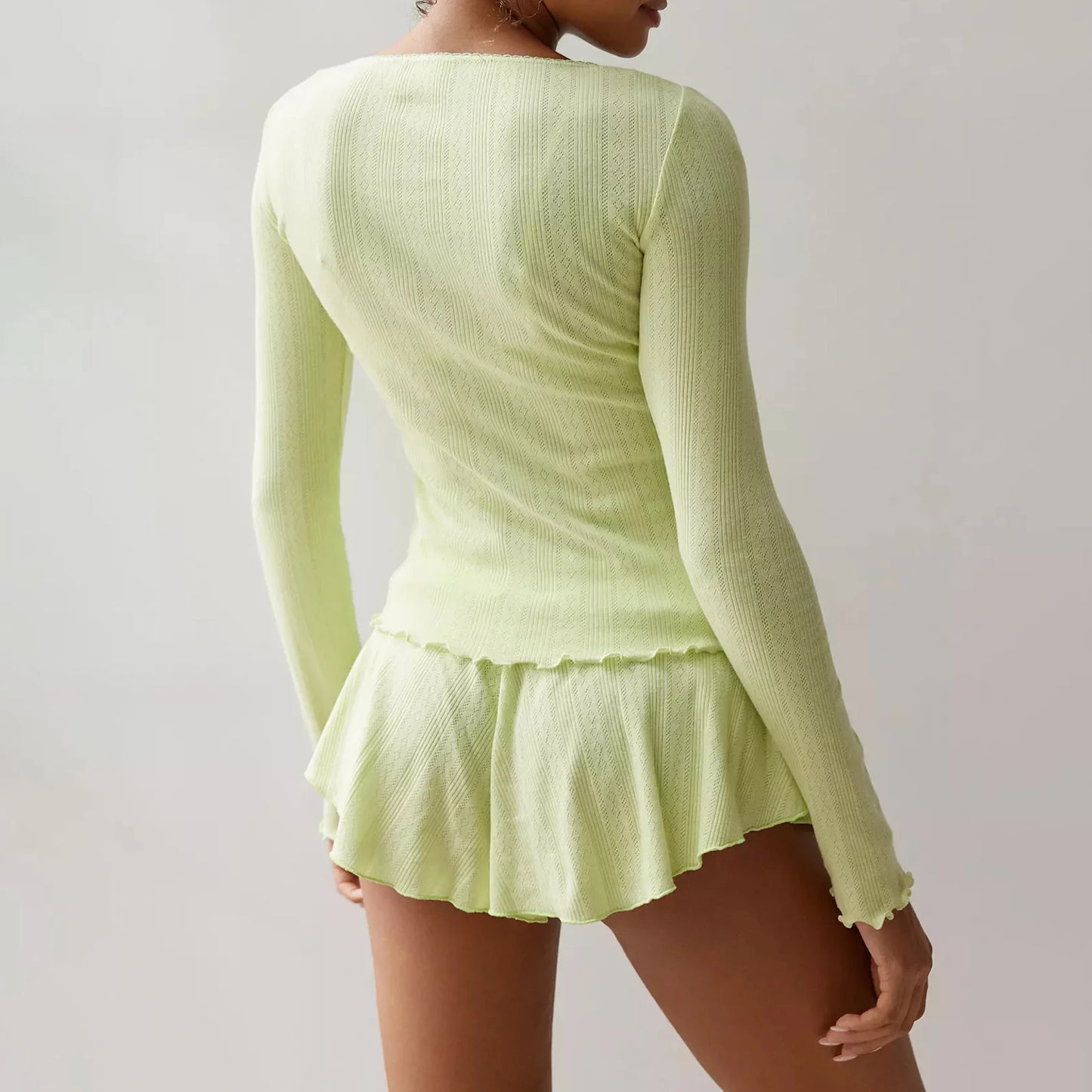 KAELAH Fairy Grunge Two Piece Pajama Sets Solid Lace Trim Round Neck Long