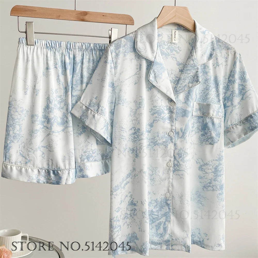 KAELAH Print Flower 2PCS Pajamas Set Women Sleepwear Spring Summer Trouser Suits Lounge Wear