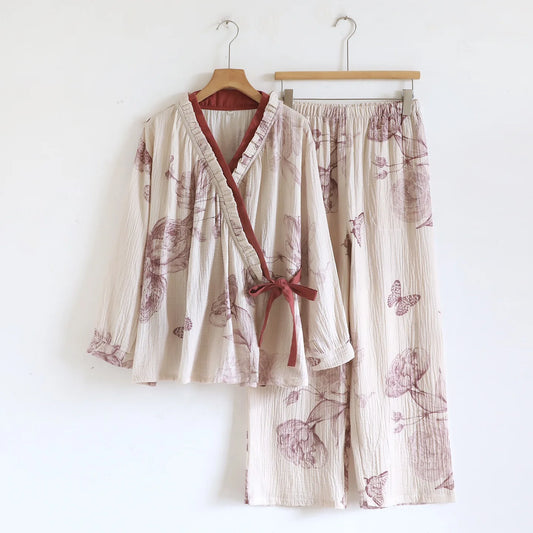 KAELAH 100%cotton cardigan long sleeve suit cotton gauze loose loungewear