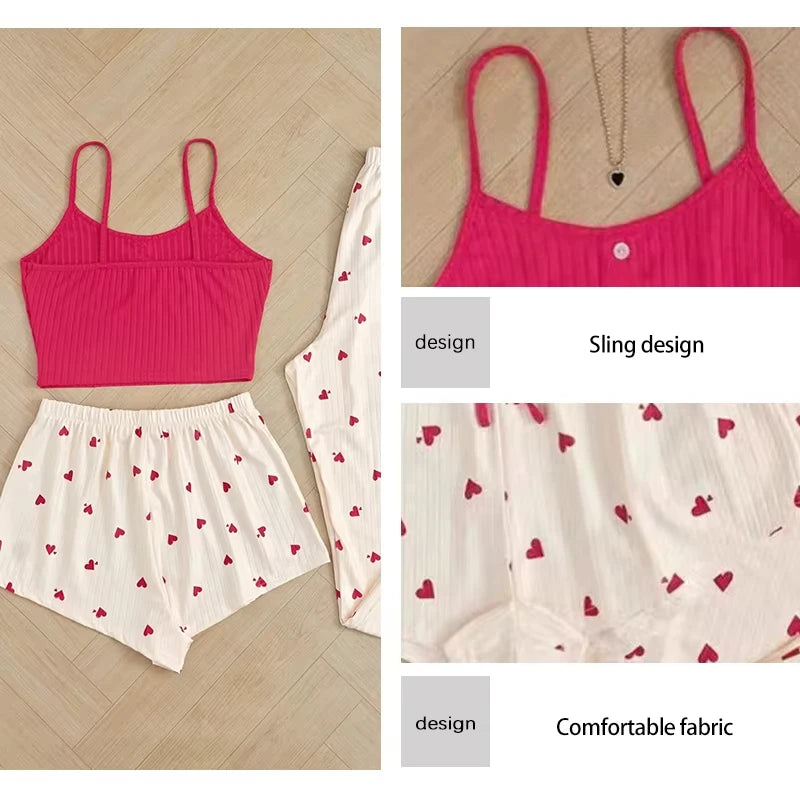 KAELAH Three Piece Women's Heart-Shaped Printed Vest Shorts and Pants