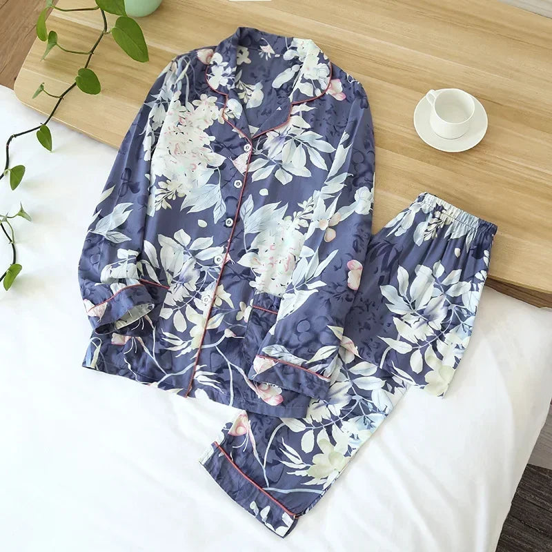 KAELAH cute cartoon floral viscose fiber pajamas two-piece long-sleeved home cotton